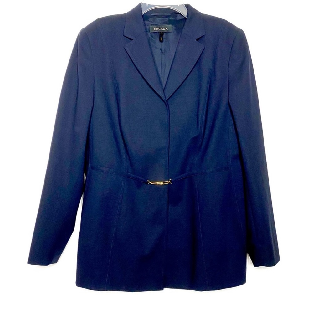 Escada Belted Wool Blazer 44 Navy Blue